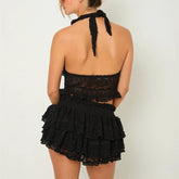 Women's lace tie-up halter neck top and elastic waist mini skort set.